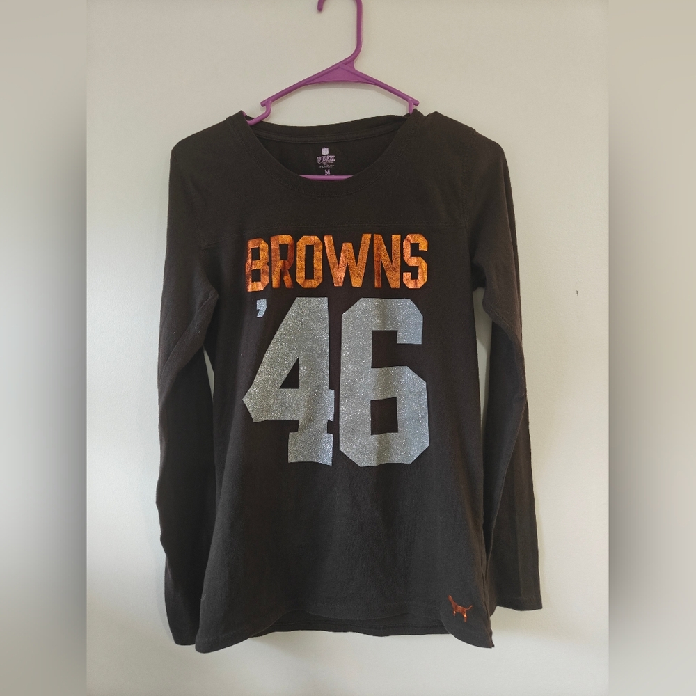 Victoria's Secret PINK NFL Cleveland Browns Glitter Long Sleeve Top Size Medium